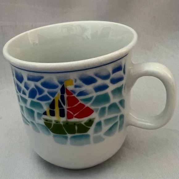 Child Sailboat Lighthouse Dinnerware Set Plate Bowl Mug Blue Nautical Mosaic Rim - Picture 6 of 14